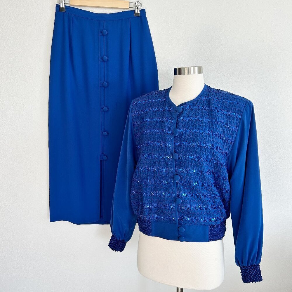 Vtg Howard Wolf Jacket & Skirt Royal Blue Sequin Top Midi Pencil Skirt